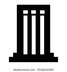 Minimalist architectural icon, Greek columns, black and white graphic, stark contrast, simplified classical design, geometric shapes, symmetrical composition, vertical lines.