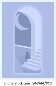 Minimalist architectural interior with staircase and arched window overlooking the moon. An idea for a poster, a print, an interior design painting