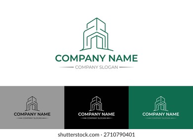 Logotipo arquitectónico minimalista con tres Formas de edificio superpuestas y puertas arqueadas