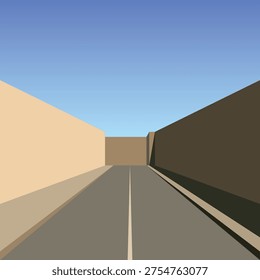 Minimalist architectural street view vector illustration with clean walls and road perspective, creative flat design background for urban city concepts, web headers, and modern graphic posters