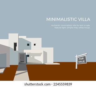 Minimalist architectural vector background for banner advertisement. Contemporary modern villa on blue background with a sign for sale. Architectural visualization. Business banner for real estate