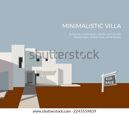 Minimalist architectural vector background for banner advertisement. Contemporary modern villa on blue background with a sign for sale. Architectural visualization. Business banner for real estate