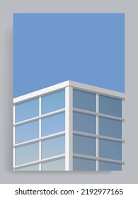 Fondo vectorial arquitectónico minimalista. Edificio de oficinas con paredes de cristal con un hermoso fondo azul del cielo.