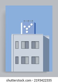 Fondo vectorial arquitectónico minimalista. Edificio de oficinas gris con cartel en el techo.