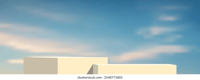 Minimalist architecture against serene blue sky with soft clouds, creating tranquil atmosphere.