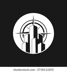 Logotipo minimalista de arquitectura y construcción con un estilizado horizonte de la ciudad con Elementos de brújula dentro de un emblema circular. Ilustración limpia en blanco y negro adecuada para empresas de arquitectura, empresas de construcción, marca inmobiliaria, identidad corporativa, nuevas empresas y proyectos de diseño empresarial profesional.