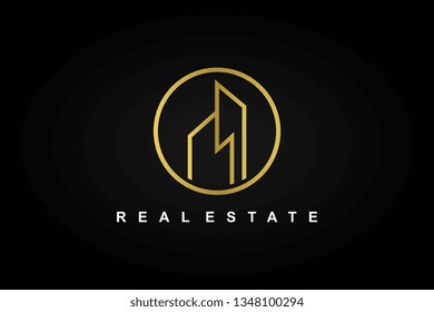 Minimalist architecture logo template with minimalist icon isolated on black background.