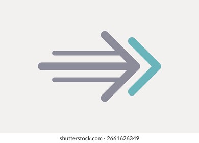 Minimalist arrow design with multiple lines. Simple arrow graphic in gray and teal. Arrow symbol pointing right. Clean and modern arrow illustration. Design element vector.