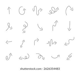 Minimalist arrows with abstract decorative curved line art design elements for modern outline motion graphics and direction symbols