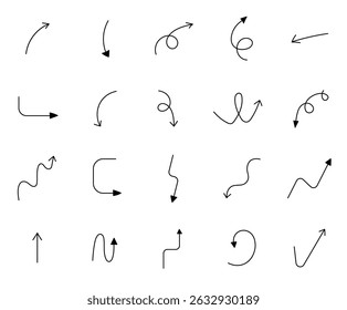 Minimalist arrows with abstract decorative curved line art design elements for modern outline motion graphics and direction symbols