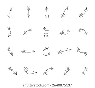 Minimalist arrows with abstract decorative curved line art design elements for modern outline motion graphics and direction symbols