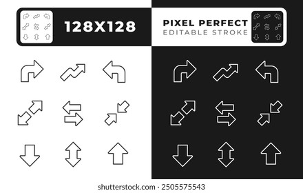 Minimalist arrows linear icons set for dark, light mode. Left and right directions. Downward and upward arrows. Thin line symbols for night, day theme. Isolated illustrations. Editable stroke