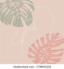 Fondo artístico minimalista. Dibujo continuo de una mujer en un sombrero, mujer de belleza minimalista con hojas tropicales. Elementos en tonos pastel. Una línea. Concepto de moda. Ilustración vectorial.