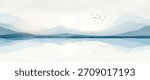 A minimalist art background featuring a cool landscape, mountains, a lake, and birds with a watercolor texture. A natural banner for decor, prints, wallpaper, packaging, and interiors.

