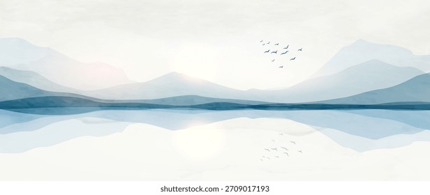 Un fondo de arte minimalista con un paisaje fresco, montañas, un lago y pájaros con una textura de acuarela. Un Anuncio natural para la decoración, estampados, Fondo de pantalla, embalaje e interiores.
