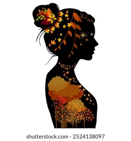 Uma ilustração vetorial minimalista art déco inspirada de uma rainha de outono, composta por intrincados padrões de folhas. A silhueta evoca elegância, mistério e a beleza do outono.