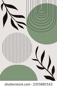 arte minimalista en la decoración. hojas y figuras geométricas en colores negro y verde. impresión de arte en vector. orgánico, boho, estilo rústico. elementos con siluetas y líneas