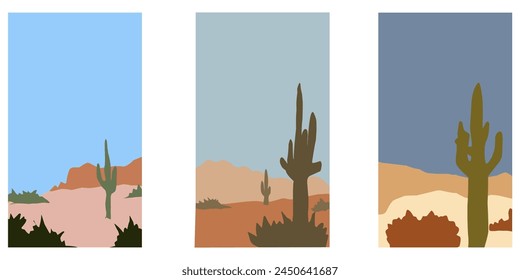 minimalist art desert canyon with Cactuses. landscape desert mountains silhouette , Vector nature horizontal background vector	