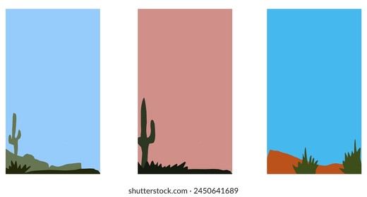 minimalist art desert canyon with Cactuses. landscape desert mountains silhouette , Vector nature horizontal background vector	