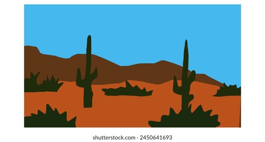 minimalist art desert canyon with Cactuses. landscape desert mountains silhouette , Vector nature horizontal background vector	