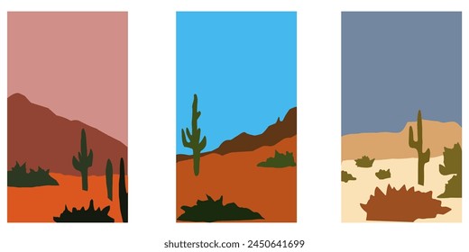 minimalist art desert canyon with Cactuses. landscape desert mountains silhouette , Vector nature horizontal background vector	