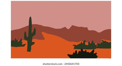 minimalist art desert canyon with Cactuses. landscape desert mountains silhouette , Vector nature horizontal background vector	