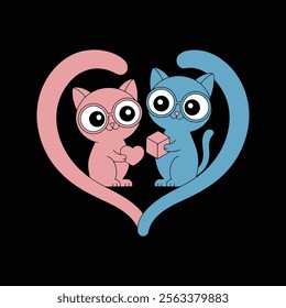 A minimalist art piece of two cats with large eyes, one pink and sitting, the other blue and standing. Both cats wear glasses, holding a heart and a cube, forming a heart shape