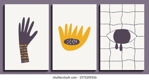 Minimalist art posters set with hand, eye and abstract plant. Abstract aesthetic in contemporary illustration. Modern cover set in mid century style.
