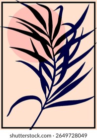 uma impressão artística minimalista com uma silhueta estilizada de palmeira azul escura e preta sobre um fundo rosa claro, com um círculo vermelho claro proeminente parcialmente obscurecido pelas folhas. 