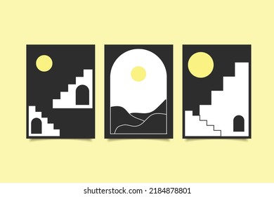 a minimalist art print from the mid-century period with organic natural shapes. A modern, abstract aesthetic background with geometric representations of the sun, moon, and rainbow. Bohemian wall art.