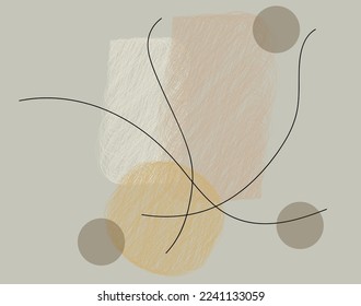 Minimalist art scribbled geometric shapes, circles and rectangles in neutral and cool colors. Tangle of strokes in vector wall art