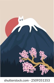 minimalist art of a white cat at the top of Mount Fuji