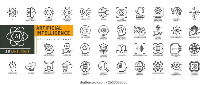 Conjunto de iconos de línea de inteligencia artificial minimalista con trazo editable, con IA, súper inteligencia, aprendizaje automático, sistema automatizado, prueba de torneado, automatización, ilustración lineal delgada de la CPU.