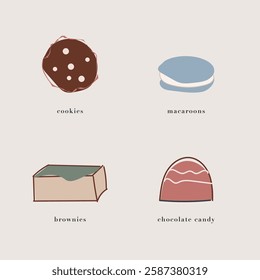 A minimalist and artistic illustration featuring four popular sweet treats: cookies, macaroons, brownies, and chocolate candy.