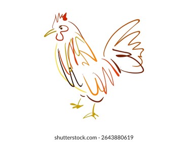A minimalist and artistic line art illustration of a colorful rooster