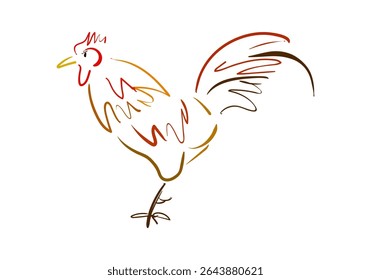 A minimalist and artistic line art illustration of a colorful rooster