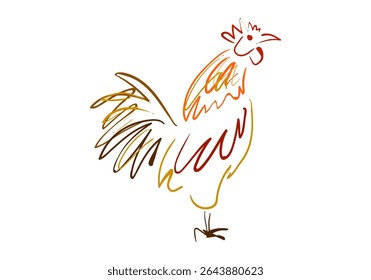 A minimalist and artistic line art illustration of a colorful rooster