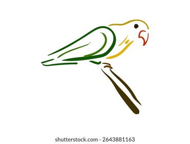 A minimalist and artistic line art illustration of a vibrant parrot perched on a branch