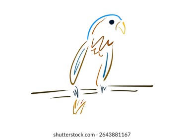 A minimalist and artistic line art illustration of a vibrant parrot perched on a branch