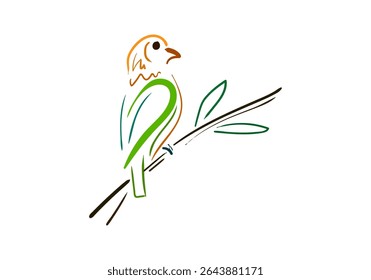 A minimalist and artistic line art illustration of a vibrant parrot perched on a branch