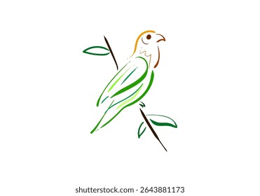 A minimalist and artistic line art illustration of a vibrant parrot perched on a branch