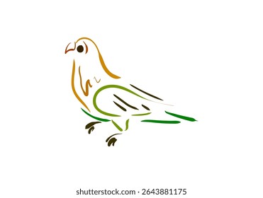 A minimalist and artistic line art illustration of a vibrant parrot perched on a branch