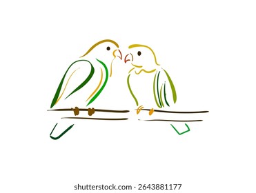 A minimalist and artistic line art illustration of a vibrant parrot perched on a branch