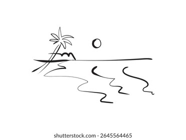  minimalist and artistic line drawing depicts a serene tropical sunset or sunrise scene.