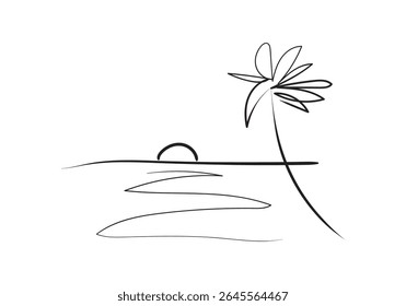 minimalist and artistic line drawing depicts a serene tropical sunset or sunrise scene.
