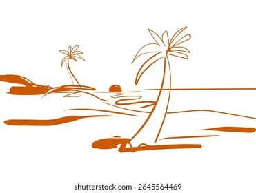  desenho de linha minimalista e artístico retrata um pôr do sol tropical sereno ou cena do nascer do sol.