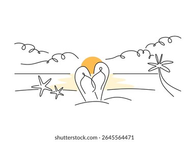  minimalist and artistic line drawing depicts a serene tropical sunset or sunrise scene.