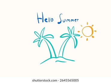 A minimalist and artistic line drawing depicts a serene tropical sunset or sunrise scene. 