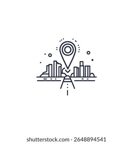 The minimalist artwork features a stylized cityscape beneath a location pin, indicating navigation. The road leads to the city with abstract buildings under dotted detail on a transparent background.
