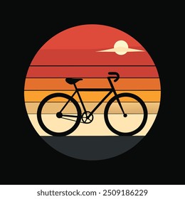 Minimalist artwork featuring a bicycle silhouette with a vibrant sunset background in warm colors.